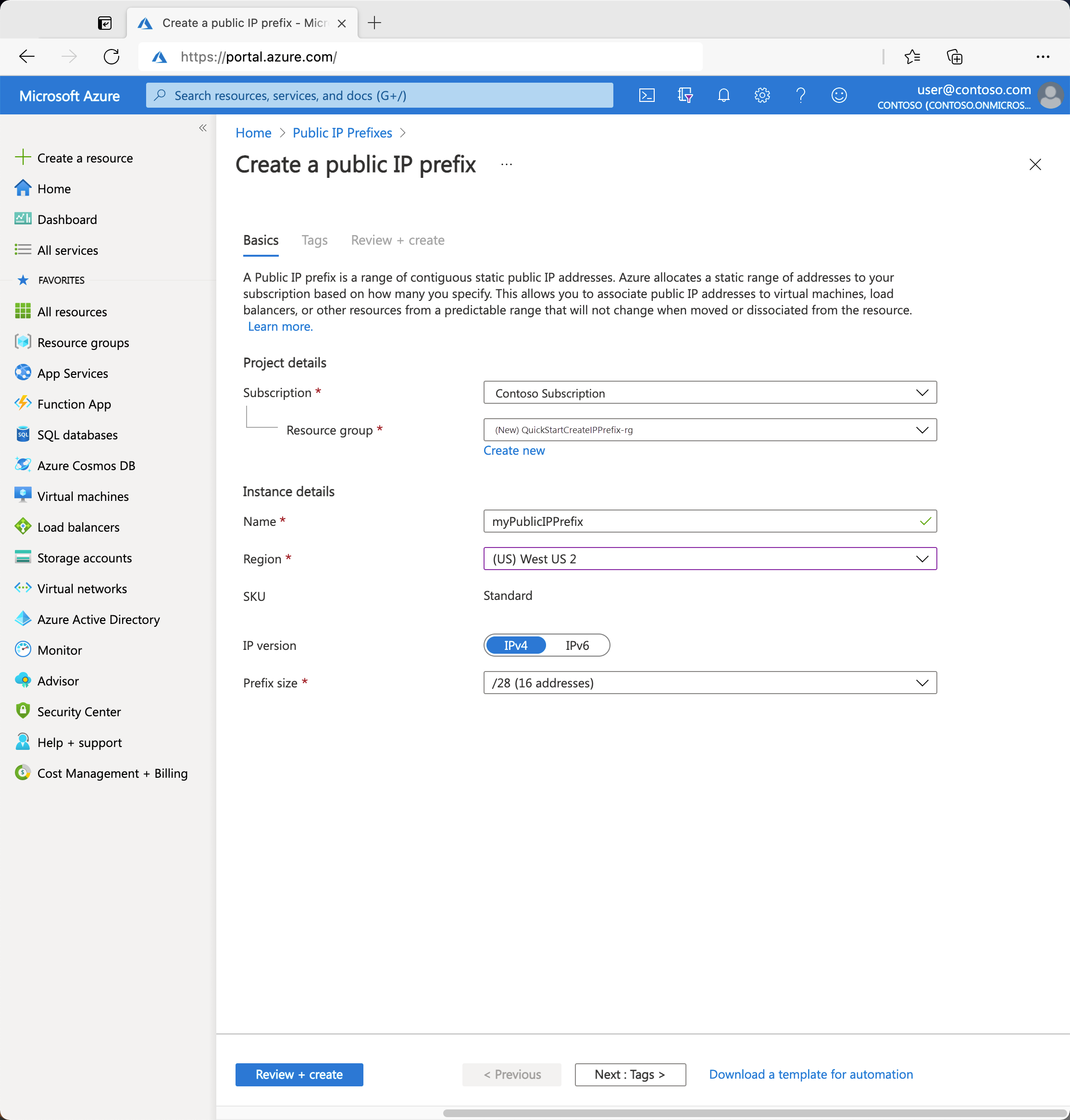 Screenshot of create public IP prefix.