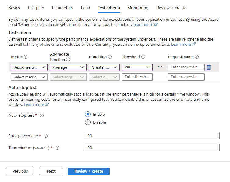 Azure Portal에서 테스트를 만들 때 테스트 기준을 구성하는 방법을 보여 주는 스크린샷.