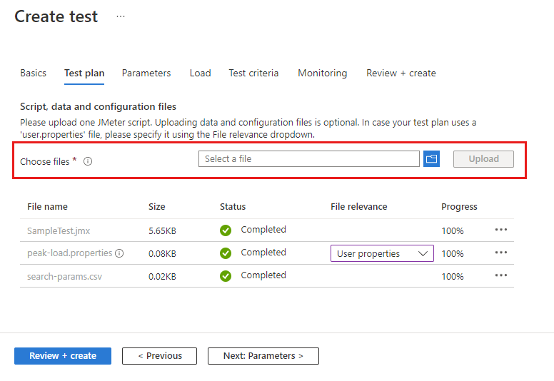 Azure Portal에서 테스트를 만들기 위한 테스트 계획 페이지를 보여 주는 스크린샷(업로드 기능 강조 표시).