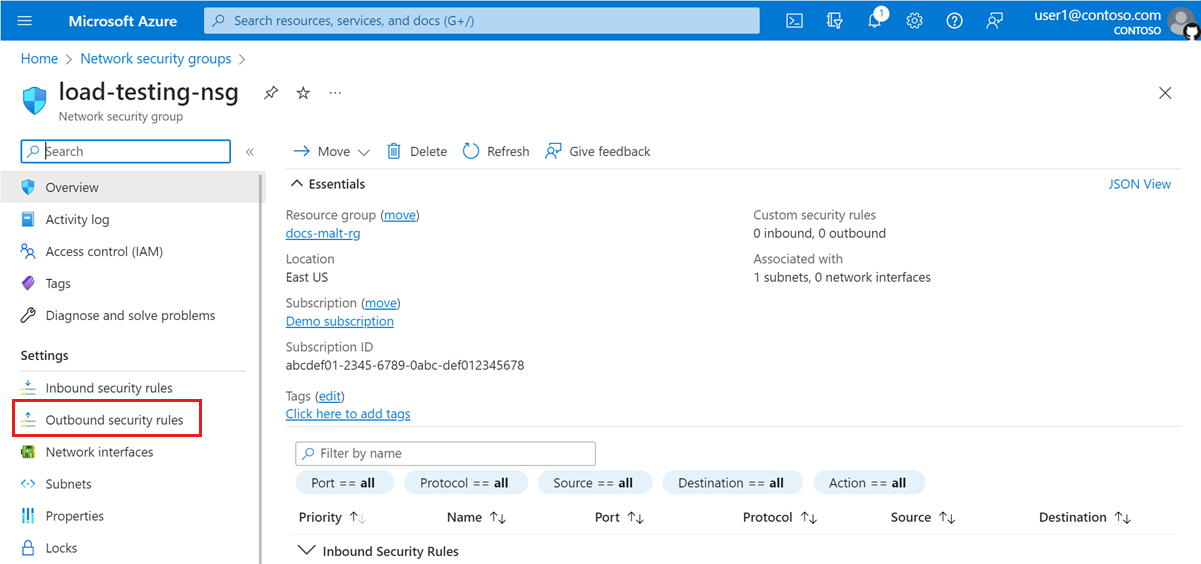 아웃바운드 보안 규칙을 강조 표시하는 Azure Portal의 네트워크 보안 그룹 개요 페이지를 보여 주는 스크린샷.