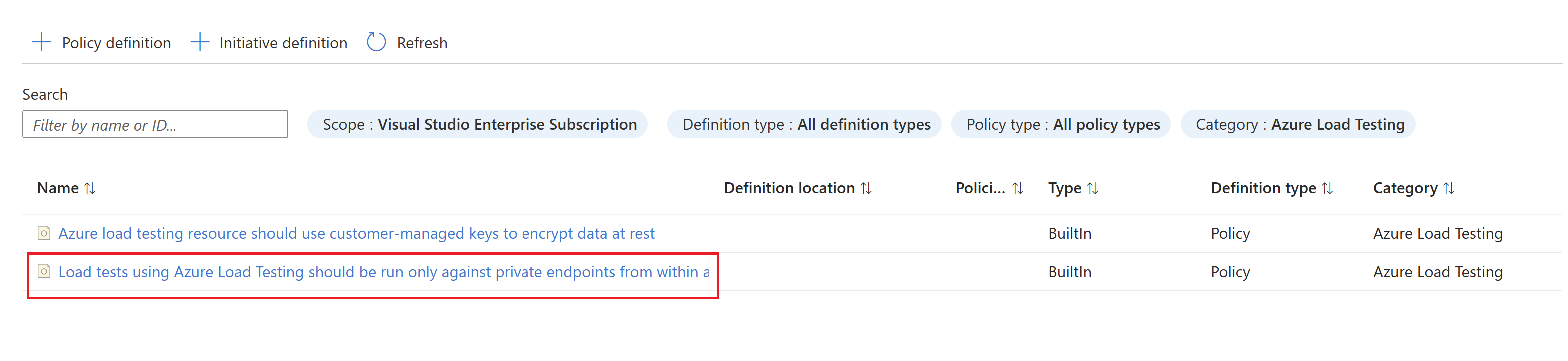 가상 네트워크 내에서 프라이빗 엔드포인트에 대해서만 Azure Load Testing을 사용하는 부하 테스트를 실행해야 한다는 정책을 보여 주는 스크린샷