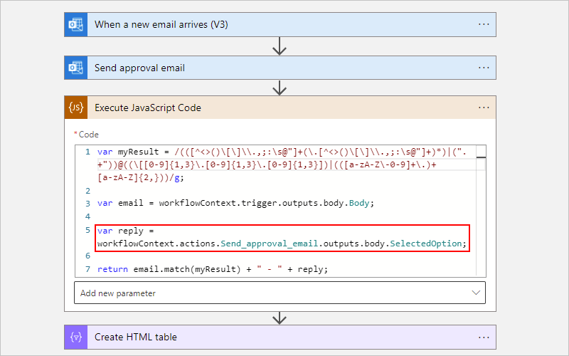 업데이트된 코드 예제 코드 조각이 포함된 사용량 워크플로 및 JavaScript 코드 실행 작업을 보여 주는 스크린샷.