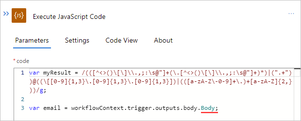 표준 논리 앱 워크플로, JavaScript 코드 실행 작업 및 닫는 세미콜론으로 이름이 바뀐 Body 속성을 보여 주는 스크린샷.