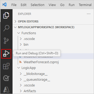 스크린샷은 실행 및 디버그가 선택된 Visual Studio Code 작업 표시줄을 보여줍니다.