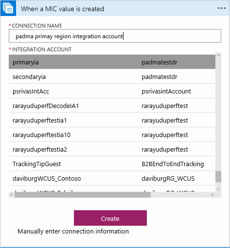 Screenshot that shows where to enter a connection name when a MIC value is created.