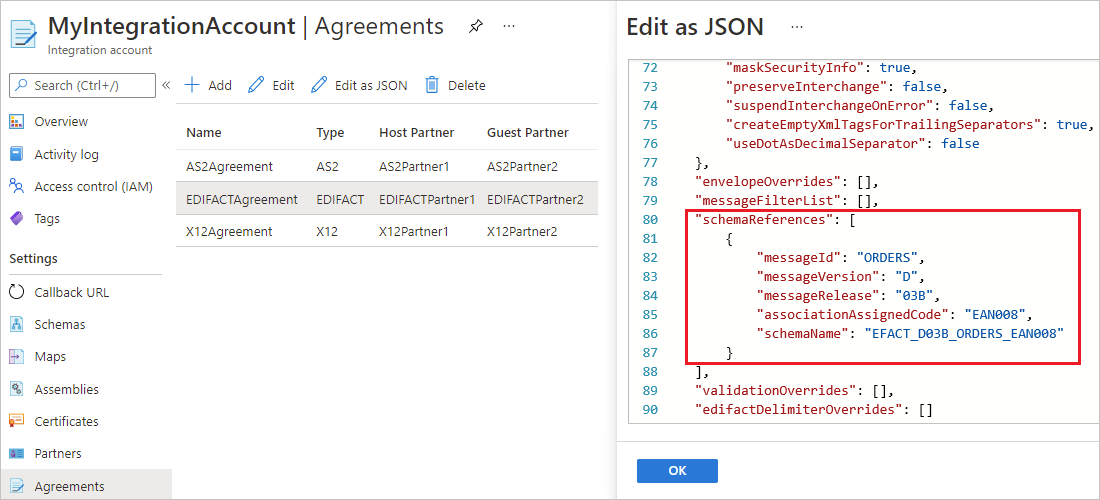 JSON 편집기에서 EDIFACT 계약의 