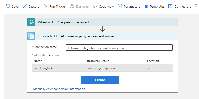 계약 이름으로 EDIFACT 메시지로 인코딩이라는 작업에 대한 Azure Portal, 소비 워크플로 및 연결 상자를 보여 주는 스크린샷.