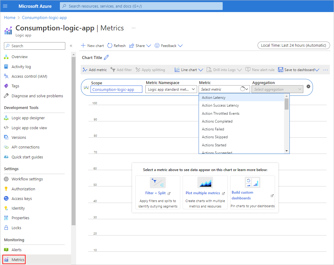 Azure Portal, 메트릭이 선택된 사용량 논리 앱 리소스 메뉴 및 열린 메트릭 목록을 보여 주는 스크린샷