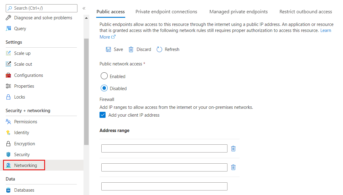 Azure 플랫폼의 스크린샷. 공용 네트워크 액세스를 사용하지 않도록 설정합니다.