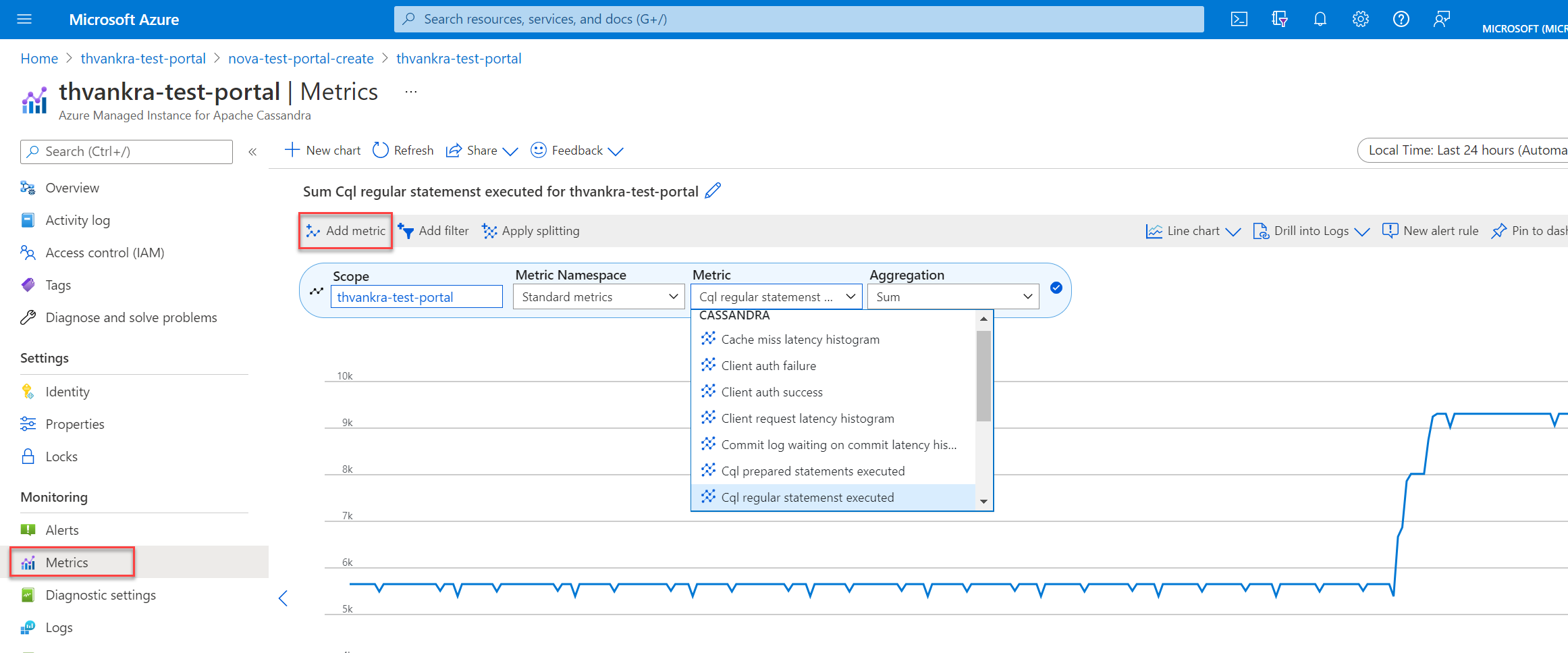 Azure Portal의 메트릭 창을 보여 주는 스크린샷