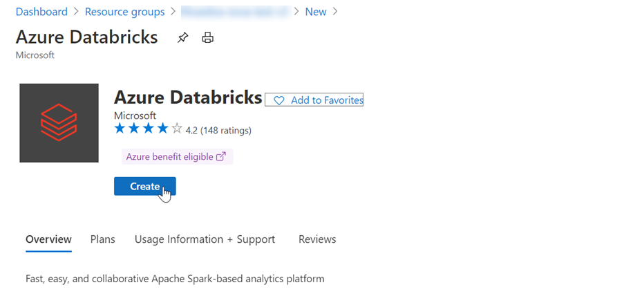 스크린샷은 만들기 단추가 선택된 Azure Databricks 제품을 보여줍니다.