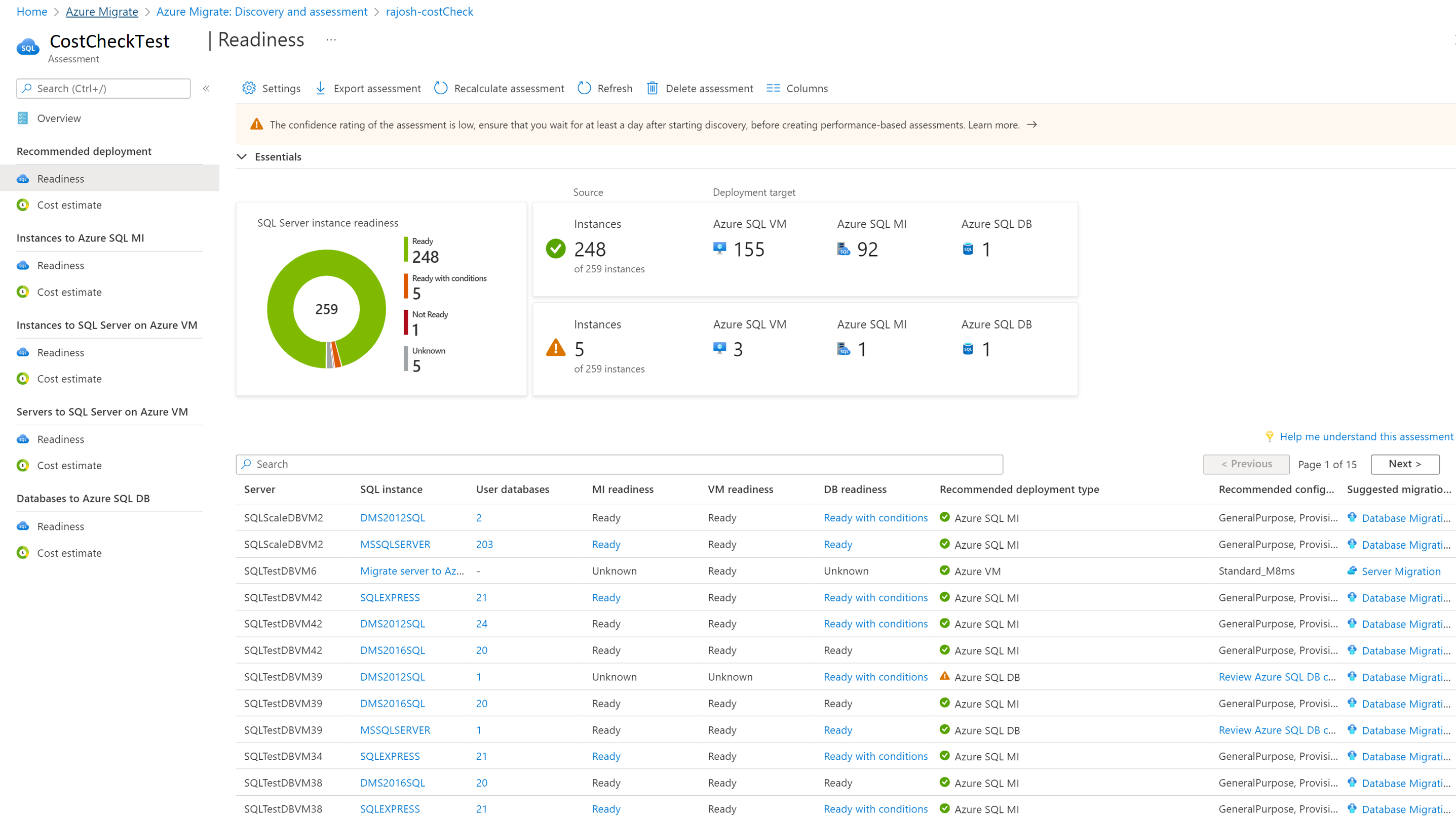 Azure SQL 준비 상태의 세부 정보가 포함된 스크린샷