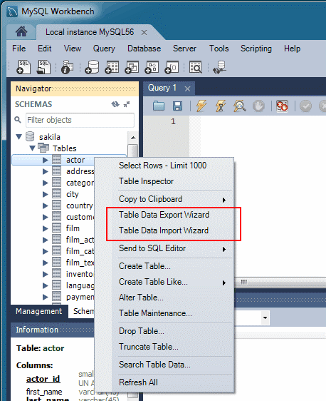 개체 브라우저 상황에 맞는 메뉴에 있는 MySQL Workbench 내보내기 및 가져오기 마법사 명령의 스크린샷