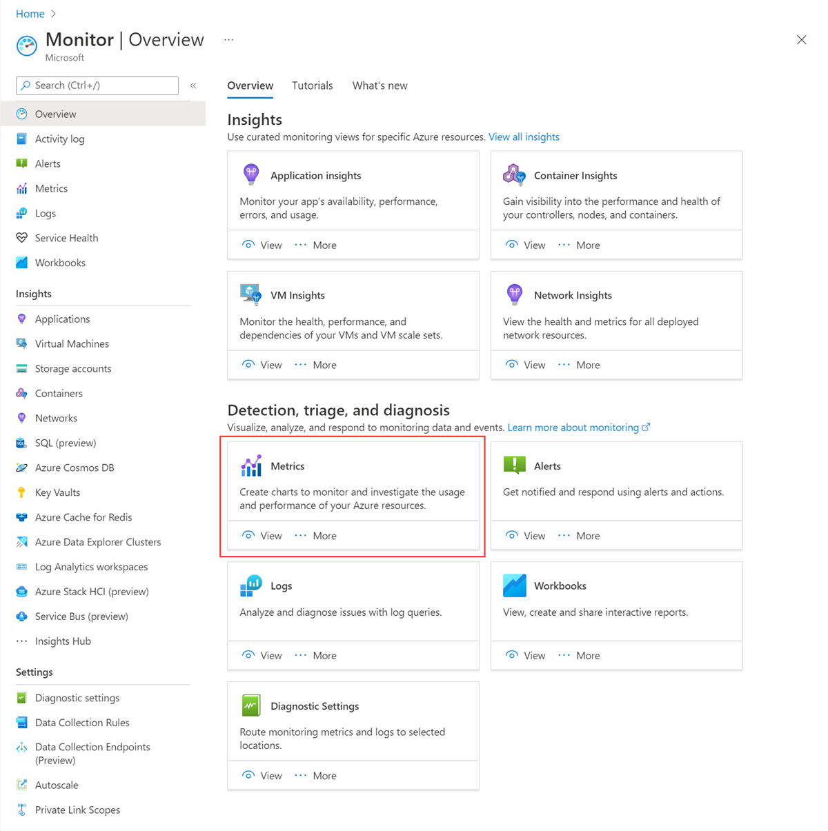 Azure Monitor의 메트릭 섹션 스크린샷.