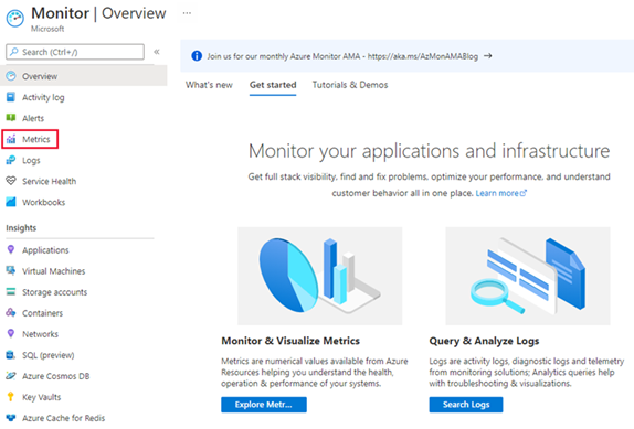 Azure Monitor 메트릭 선택 스크린샷.