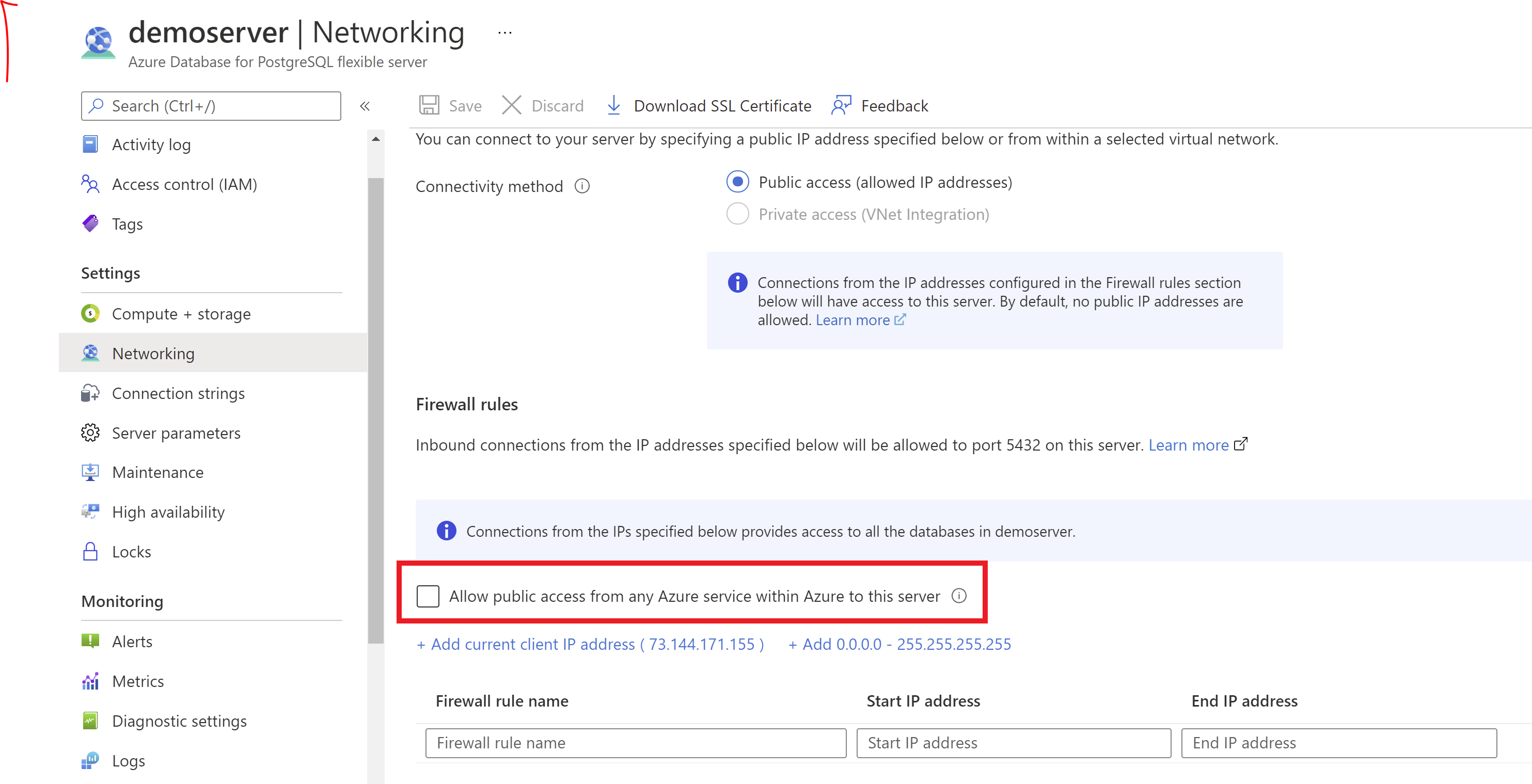 포털에서 Azure 서비스에 대한 액세스를 허용하기 위한 선택 항목을 보여 주는 스크린샷.