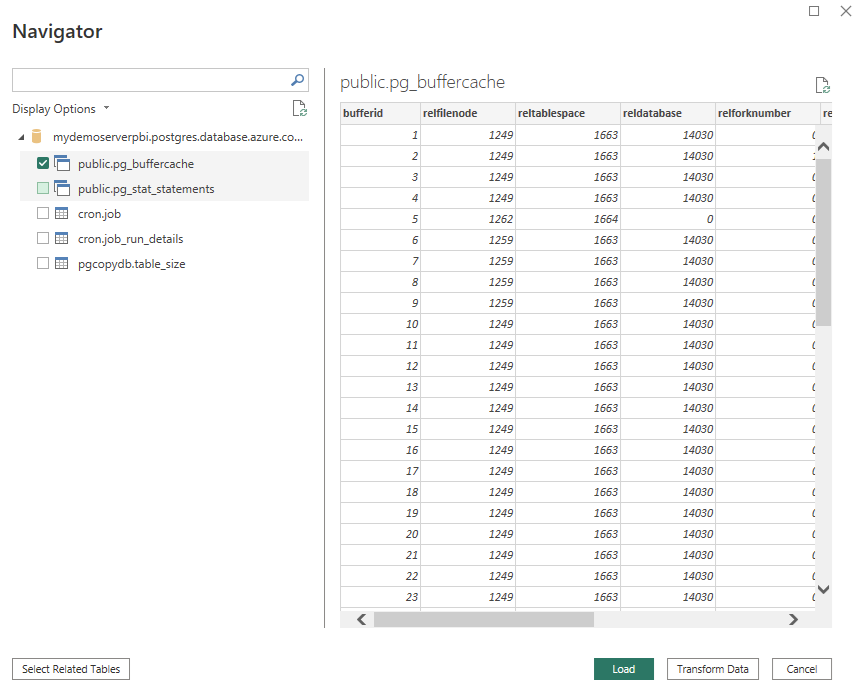 Azure Database for PostgreSQL 유연한 서버 테이블을 보기 위한 탐색기 스크린샷.