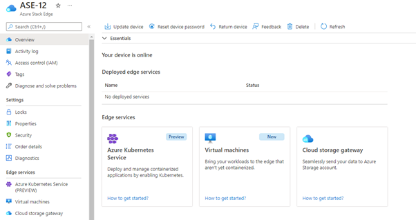 Azure Portal의 Azure Stack Edge 리소스 스크린샷. Azure Kubernetes Service(미리 보기)는 왼쪽 메뉴의 Edge 서비스 아래에 표시됩니다.