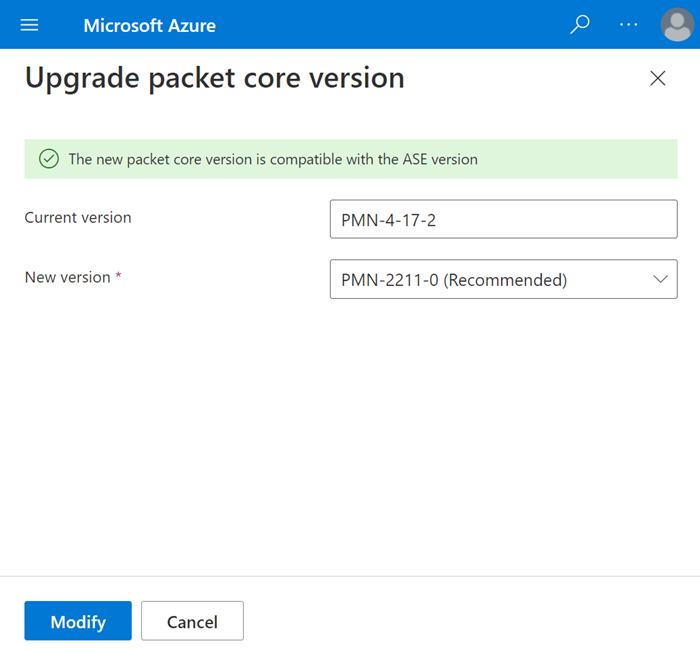 패킷 코어 버전 업그레이드 화면의 새 버전 필드를 보여 주는 Azure Portal의 스크린샷. 권장되는 상위 버전이 선택됩니다.