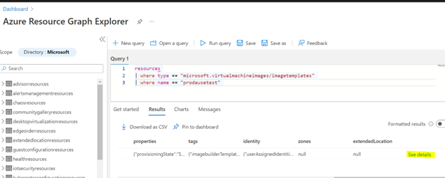 Azure Resource Graph 탐색기 검색을 사용하는 스크린샷.