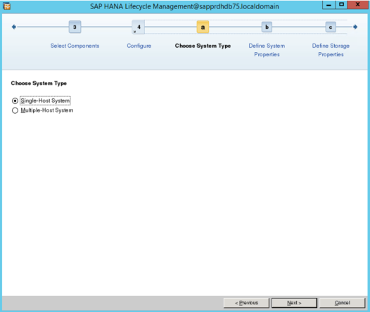 선택한 단일 호스트 시스템을 사용하는 SAP HANA 수명 주기 관리 화면의 스크린샷