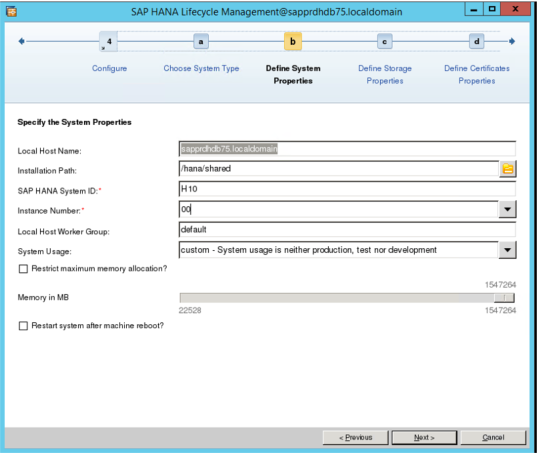 정의할 시스템 속성 필드를 사용하는 SAP HANA 수명 주기 관리 화면의 스크린샷