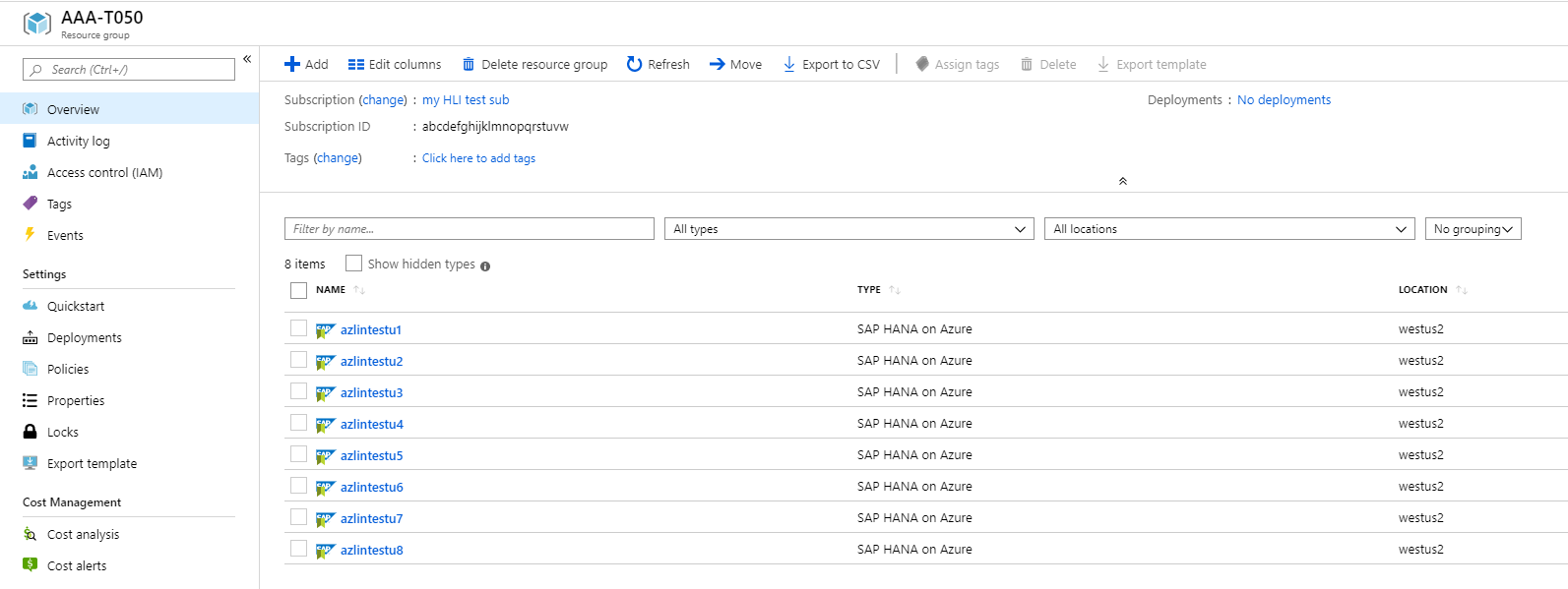 Azure Portal의 HLI 목록