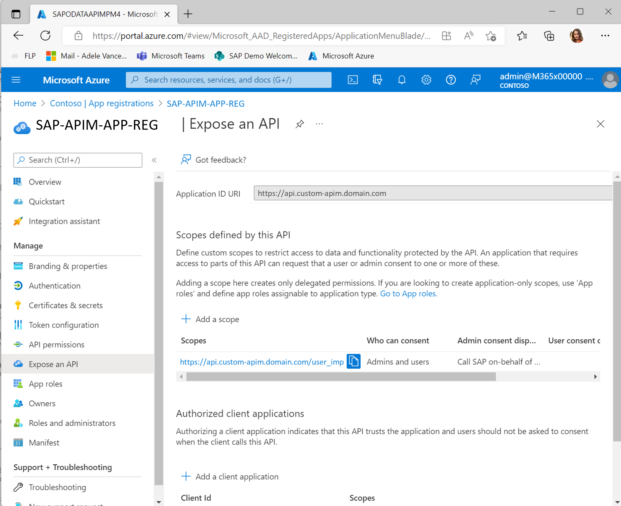 Microsoft Entra ID에서 Azure API Management에 대한 앱 등록을 보여 주는 스크린샷