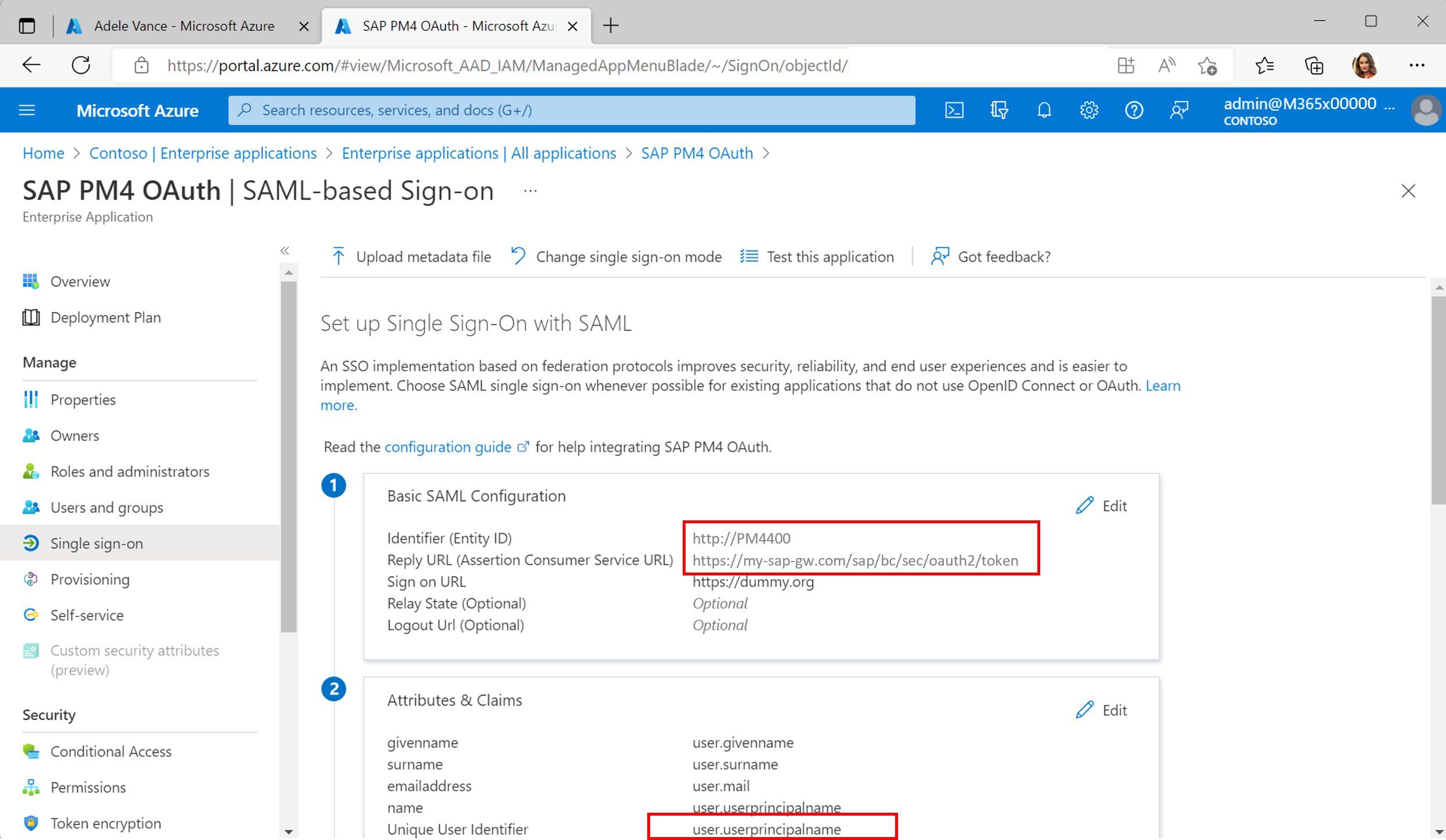 UPN 클레임이 있는 SAP Gateway에 대한 SAML2 구성을 보여 주는 스크린샷