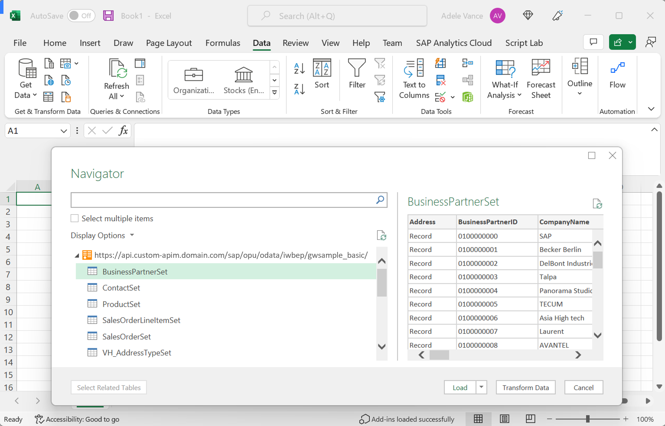 Excel Desktop의 OData 응답을 보여 주는 스크린샷