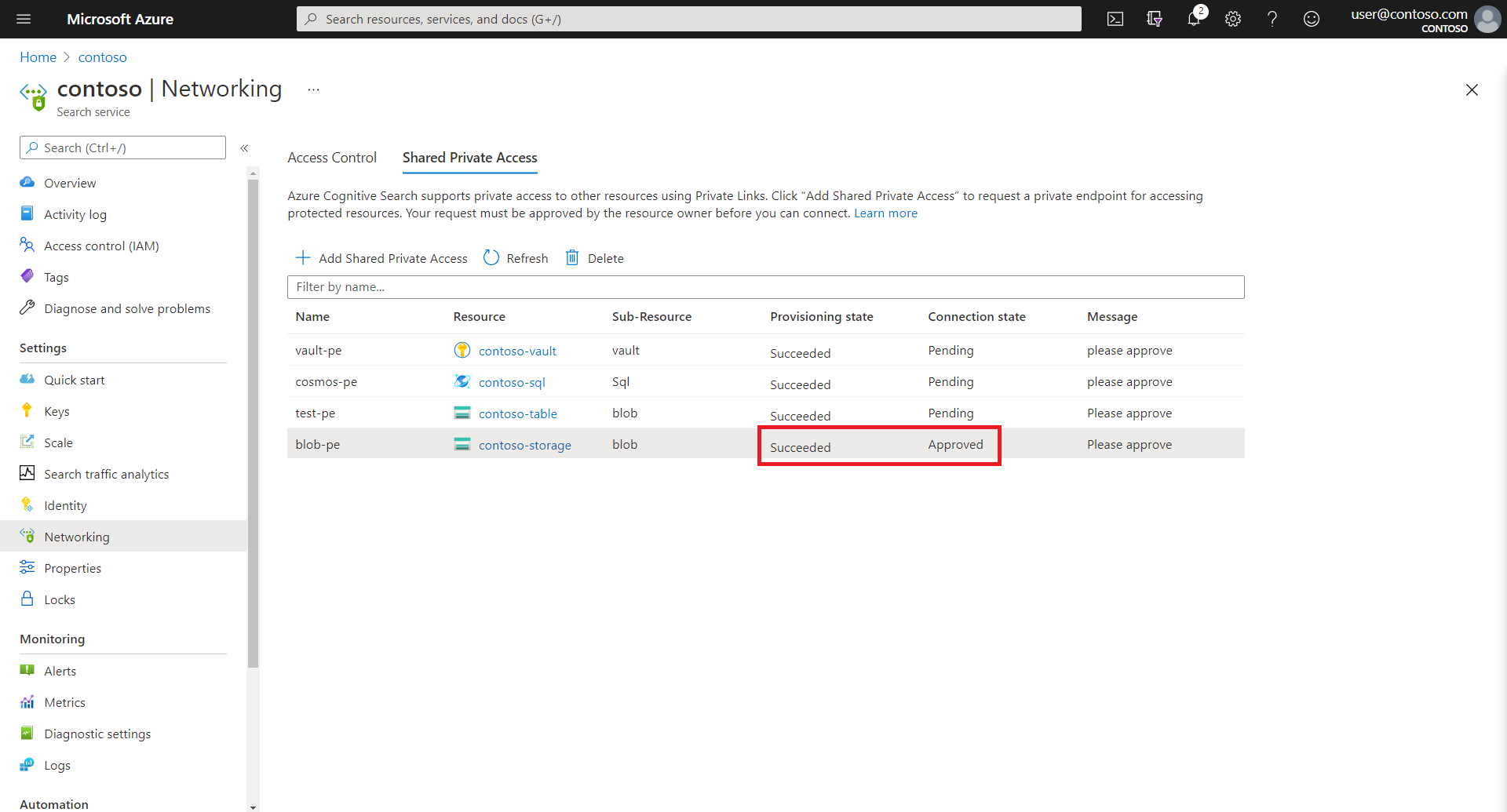 승인된 공유 프라이빗 링크 리소스를 보여 주는 Azure Portal 스크린샷.