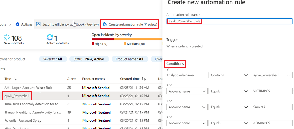 Microsoft Sentinel에서 인시던트에 대한 자동화 규칙을 만드는 방법을 보여 주는 스크린샷.