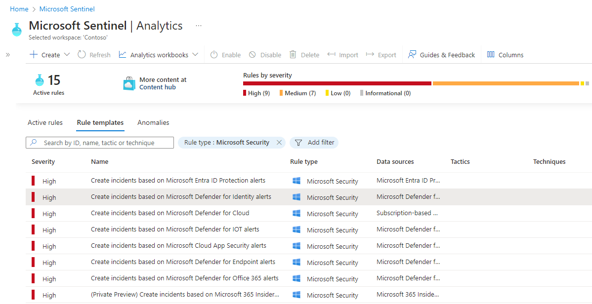 Microsoft Security 규칙 템플릿 목록의 스크린샷