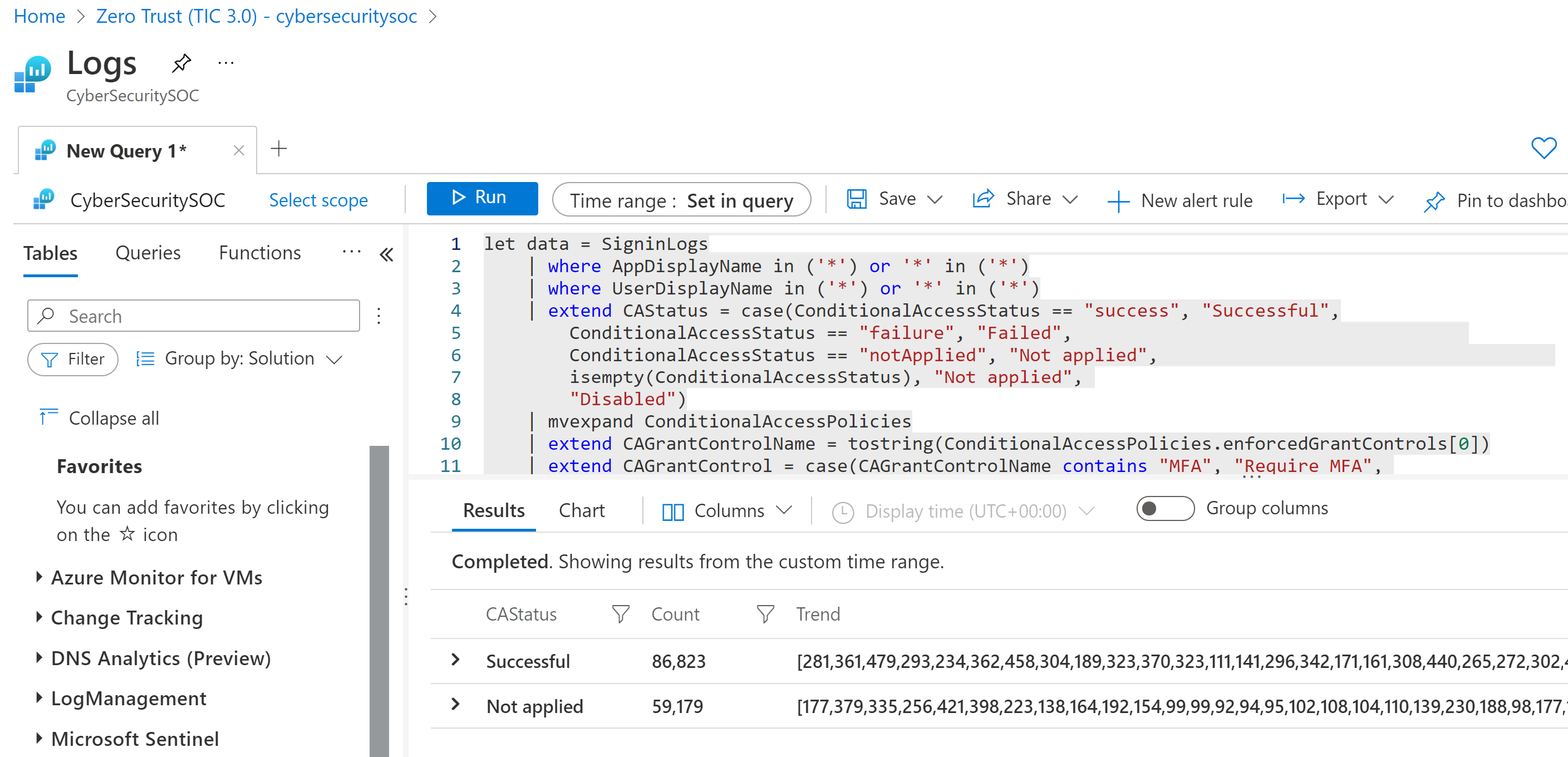 Microsoft Sentinel Logs 페이지에서 선택한 쿼리의 스크린샷.