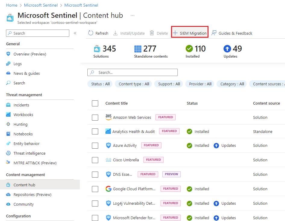 SIEM 마이그레이션 환경의 메뉴 항목이 있는 Azure Portal의 콘텐츠 허브를 보여 주는 스크린샷