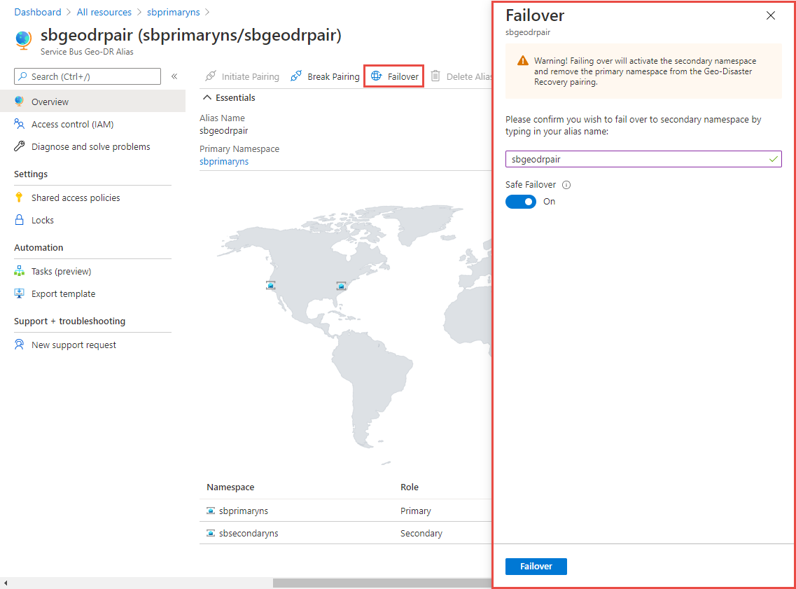 장애 조치(failover) 페이지를 보여주는 스크린샷