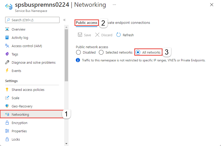 모든 네트워크가 기본 옵션으로 선택된 Service Bus 네임스페이스의 네트워킹 탭 스크린샷.