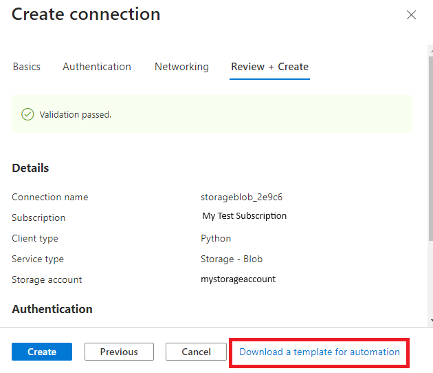 서비스 커넥터 리소스의 ARM 템플릿을 내보내는 Azure Portal의 스크린샷.