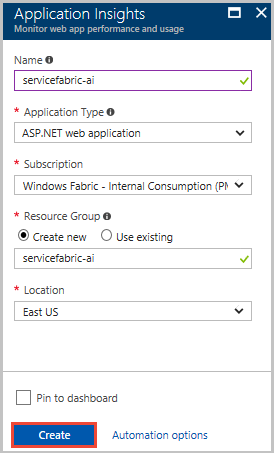 Application Insights 리소스 특성을 보여 주는 스크린샷.