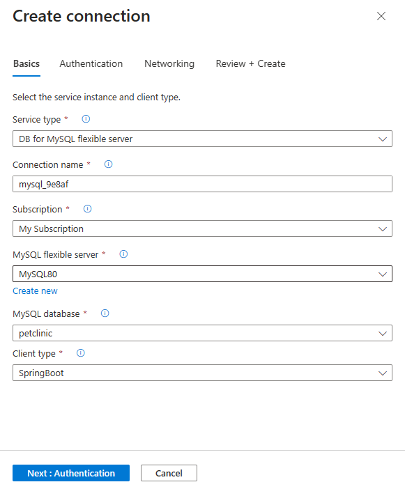 Service Connector에서 기본 사항 탭을 작성하는 Azure Portal의 스크린샷