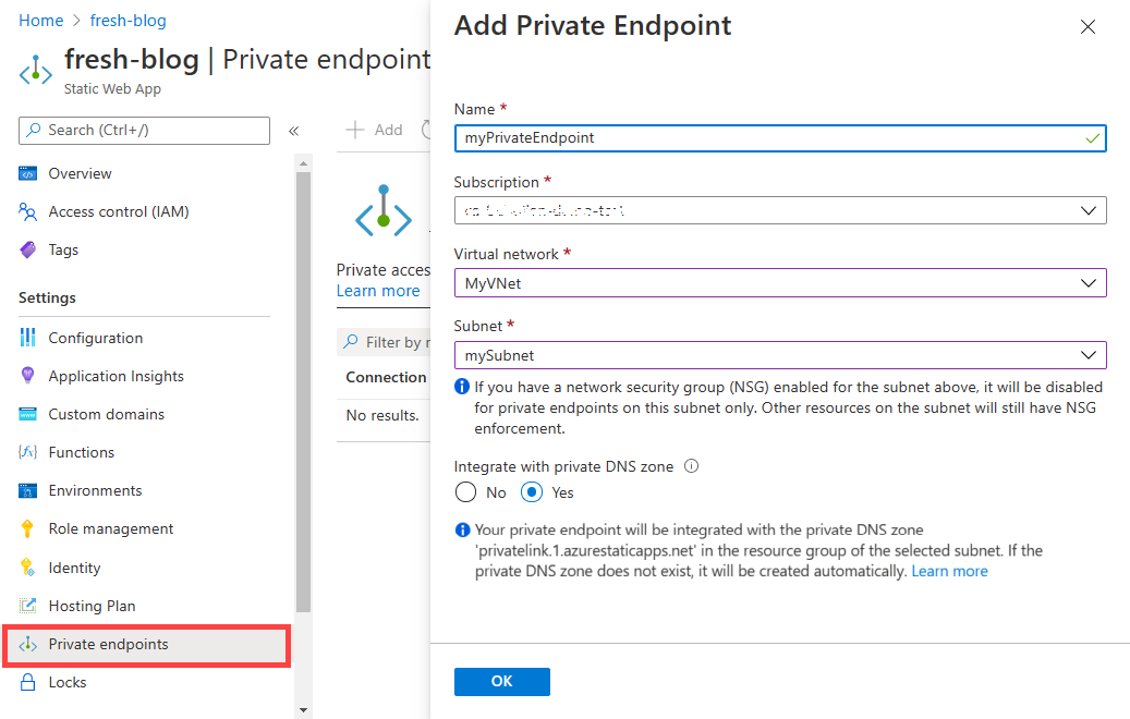 Azure Portal의 프라이빗 엔드포인트 추가 대화 상자 스크린샷