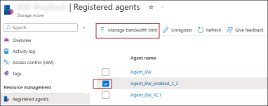 먼저 에이전트를 선택한 다음 대역폭 관리 명령을 선택하는 Azure Portal, 등록된 에이전트 블레이드의 스크린샷.