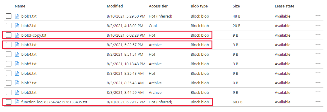 보관 계층의 원래 blob, 핫 계층의 리하이드레이션된 blob, 이벤트 처리기에서 쓴 로그 blob을 보여 주는 스크린샷