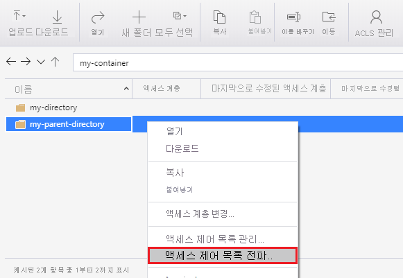 Right-clicking a directory and choosing the propagate access control setting