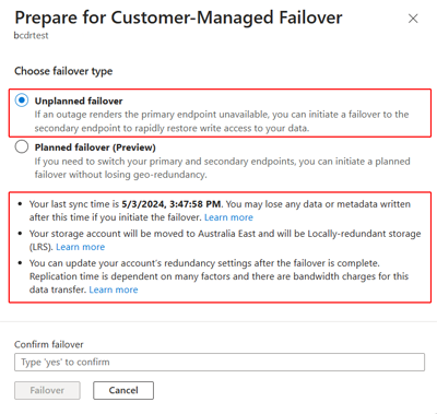 장애 조치(failover) 준비 창에서 선택된 장애 조치(failover) 옵션을 보여 주는 스크린샷.