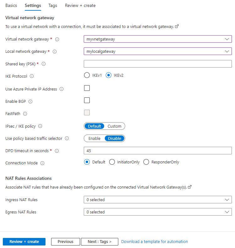 Azure Portal을 사용하여 사이트 대 사이트 VPN 연결에 대한 설정을 구성하는 방법을 보여 주는 스크린샷.