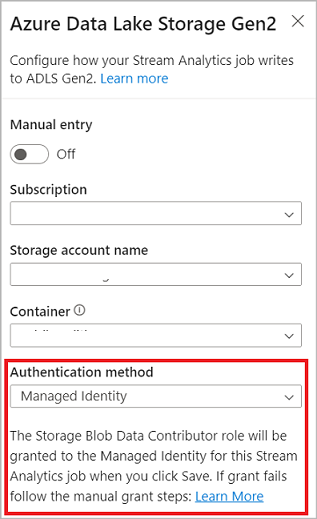 Azure Data Lake Storage Gen2의 인증 방법으로 관리 ID 선택을 보여 주는 스크린샷.