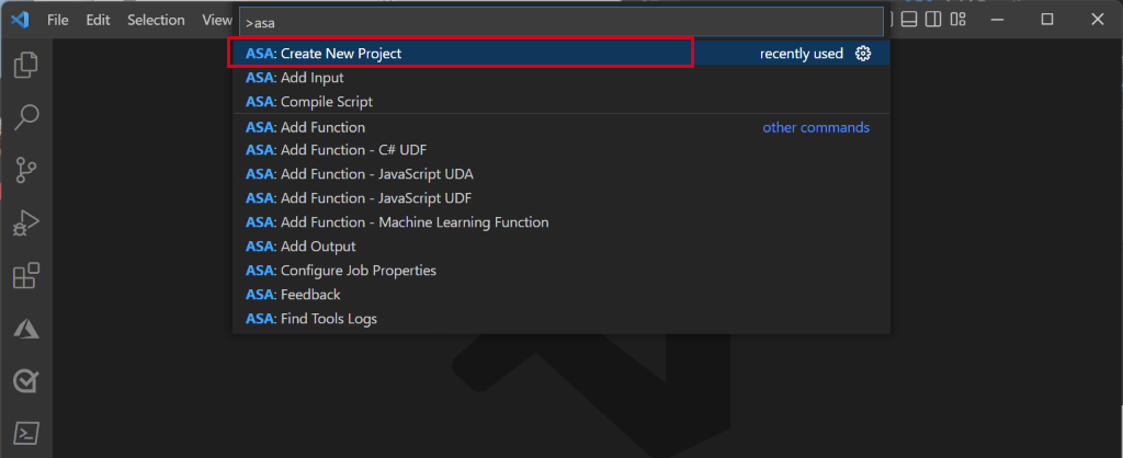 Screenshot showing the selection of ASA: Create New Project in the command palette.