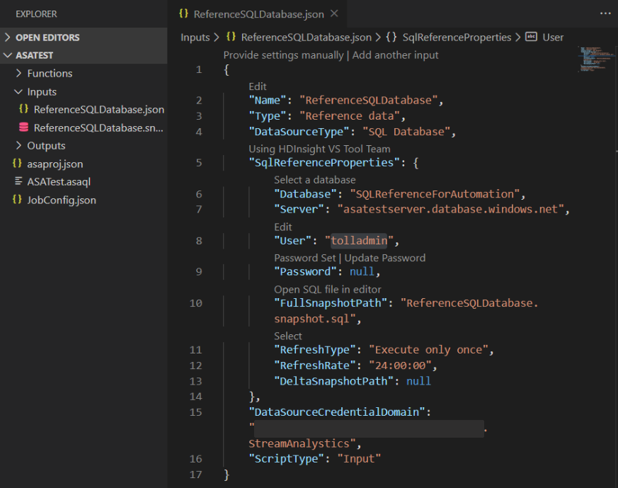 Visual Studio Code 편집기(탭)에는 ReferenceSQLDatabase.json 표시됩니다.