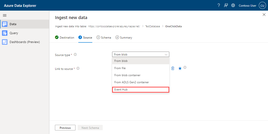 Screenshot of the Azure Data Explorer one-click ingestion wizard, showing the selection of the source type.